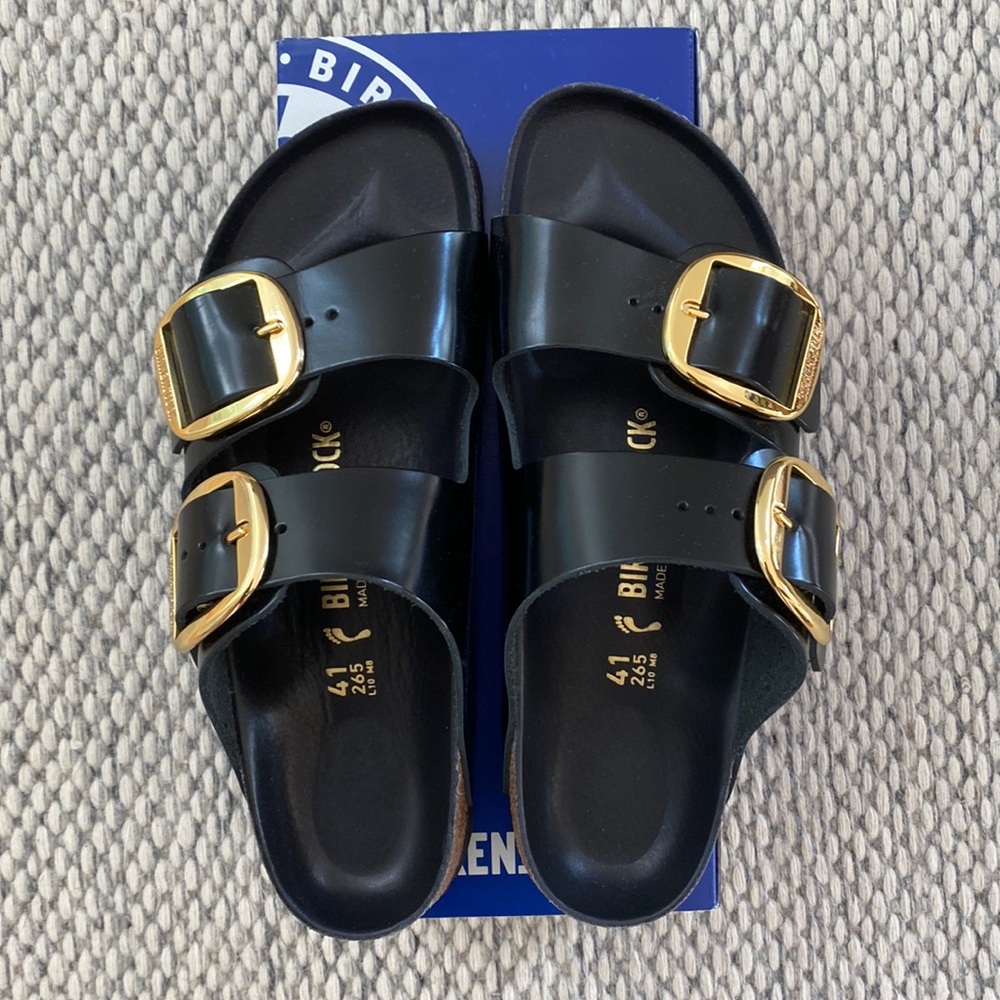 Arizona Big Buckle Birkenstock - High Shine Black/Gold sz 41 Wmns 10